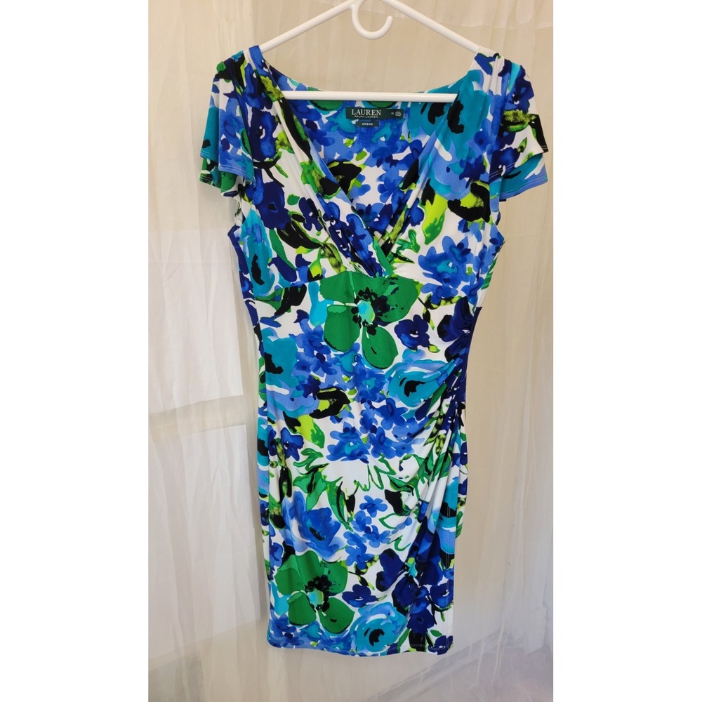LAUREN by RALPH LAUREN Floral Print Ruched Stretch Sheath Dress  Sz 12 (FLAW)